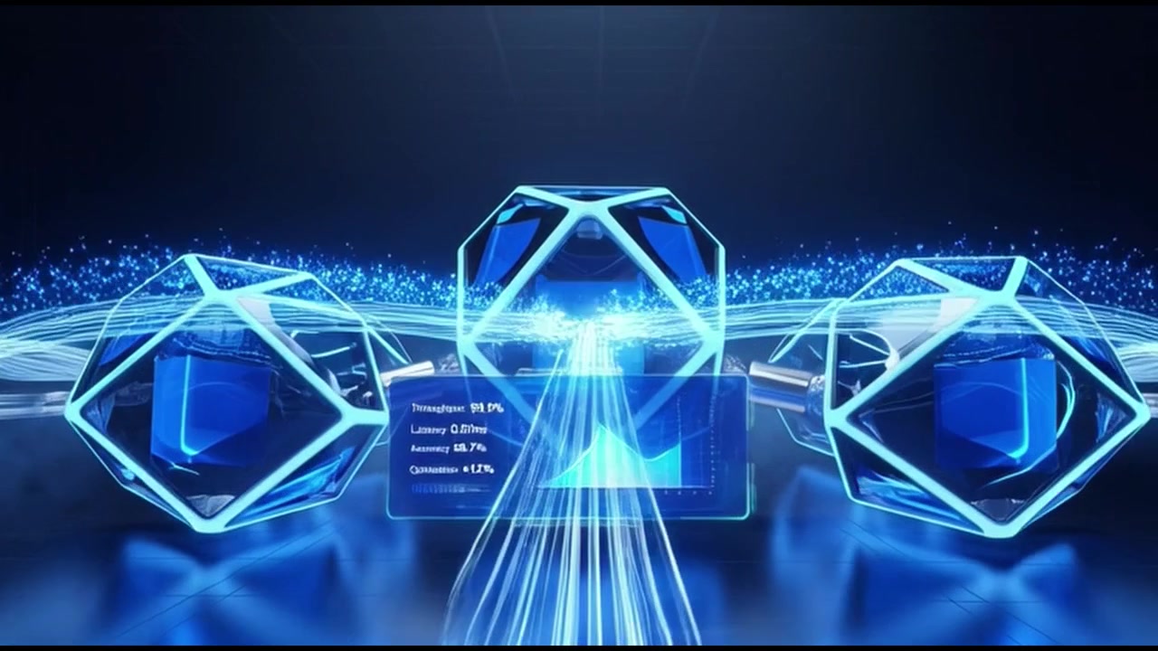 Abstract Digital Network Visualization with Glowing Geometric Shapes and Data Metrics