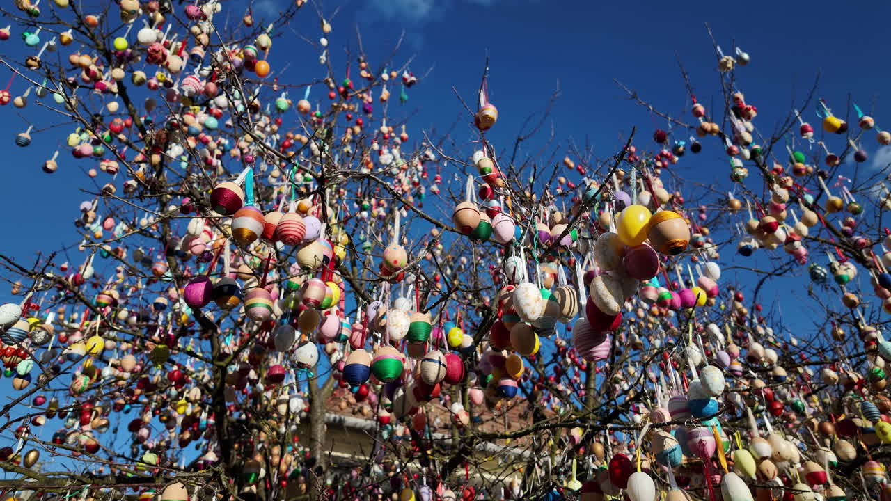 Traditional Easter egg tree with colorful decorations