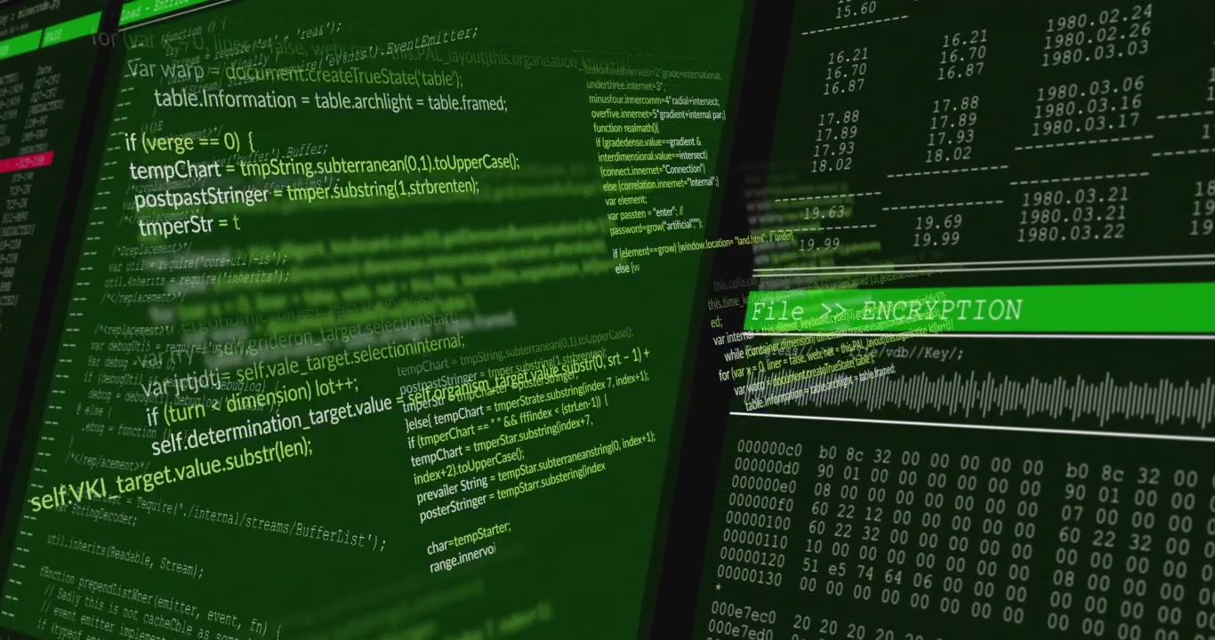 Dark Frame Pulling, grüne Benutzeroberfläche, die Code-Fenster und File ENCRYPTION Dash enthüllt und Überwachung ausrichtet