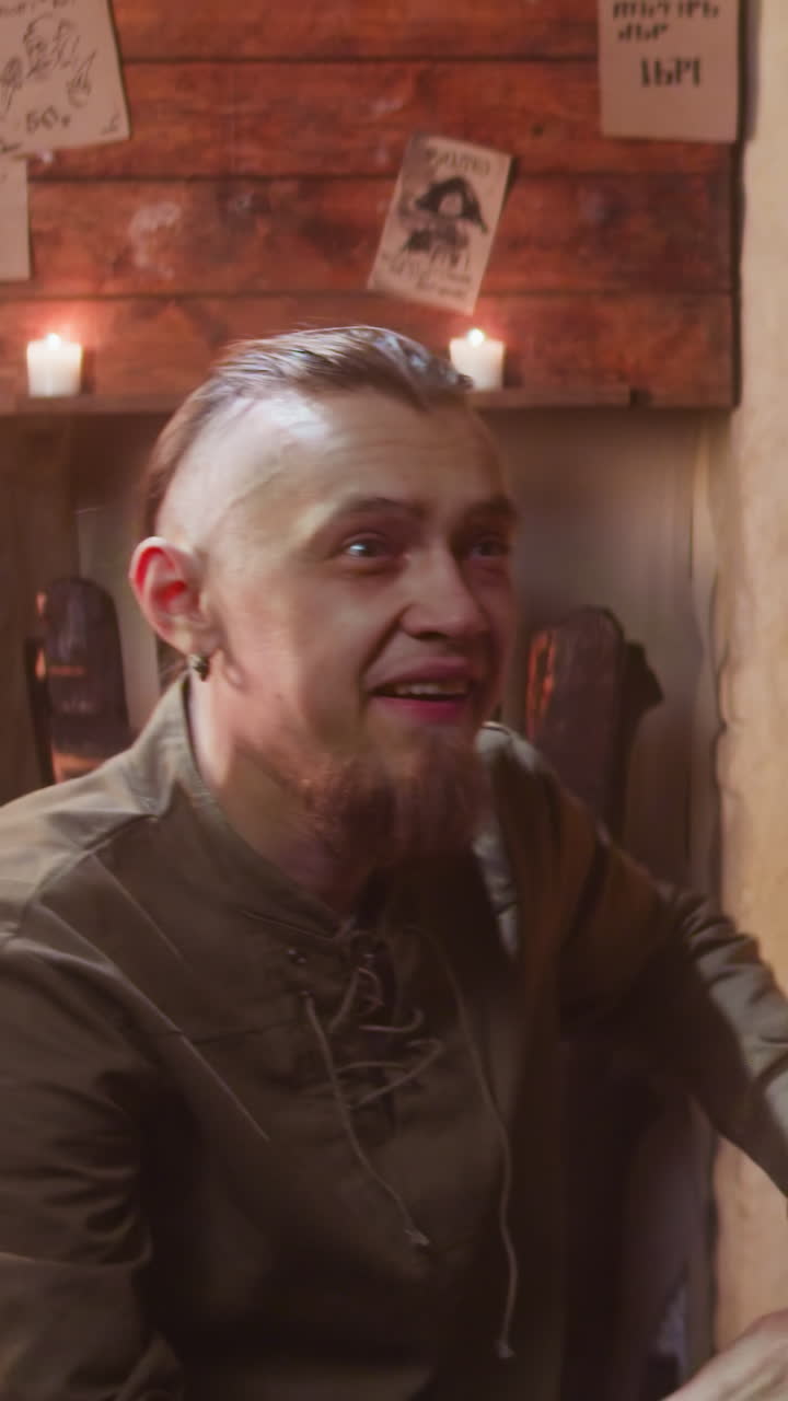 los hombres beben y se encuentran con un viejo amigo en la taberna. un vagabundo sonriente se levanta y agita la mano mientras un compañero detiene a un tipo en un pub medieval. escena de fantasía divertida