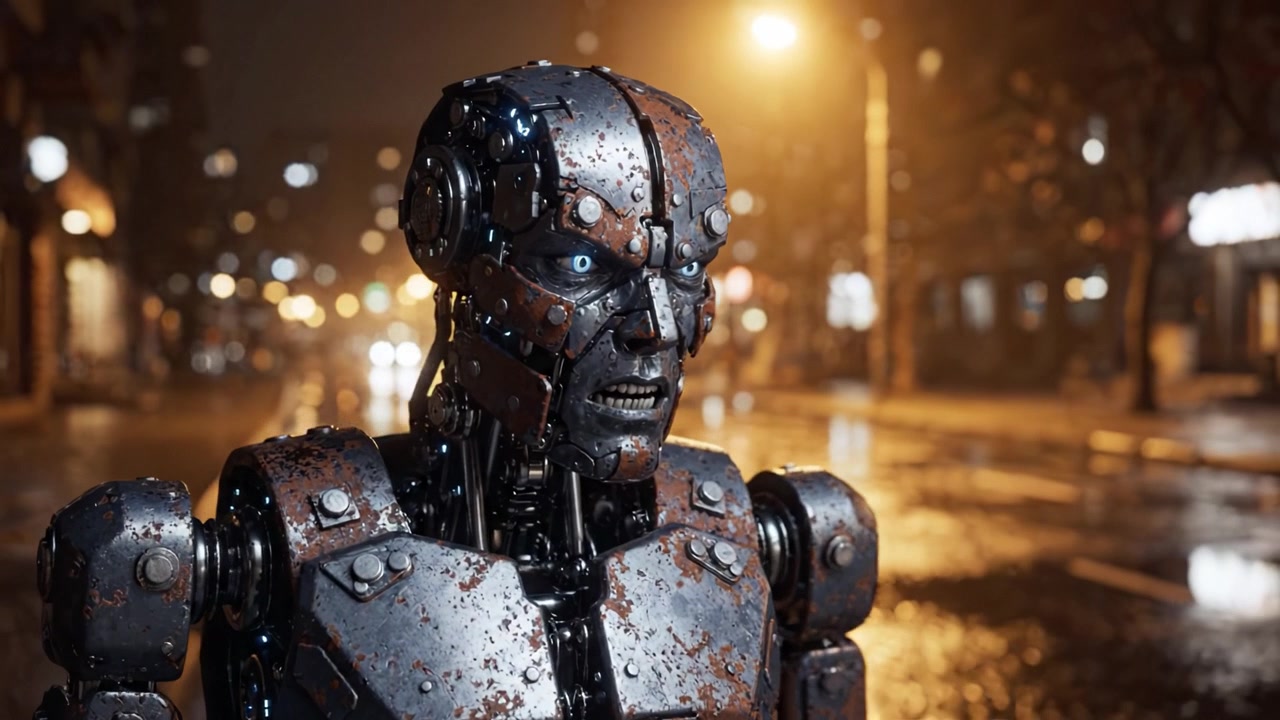 Ein futuristischer humanoider Roboter steht nachts in einer verregneten Stadt und zeigt aufwendige metallische Details und leuchtende blaue Augen, umgeben von urbaner Atmosphäre.