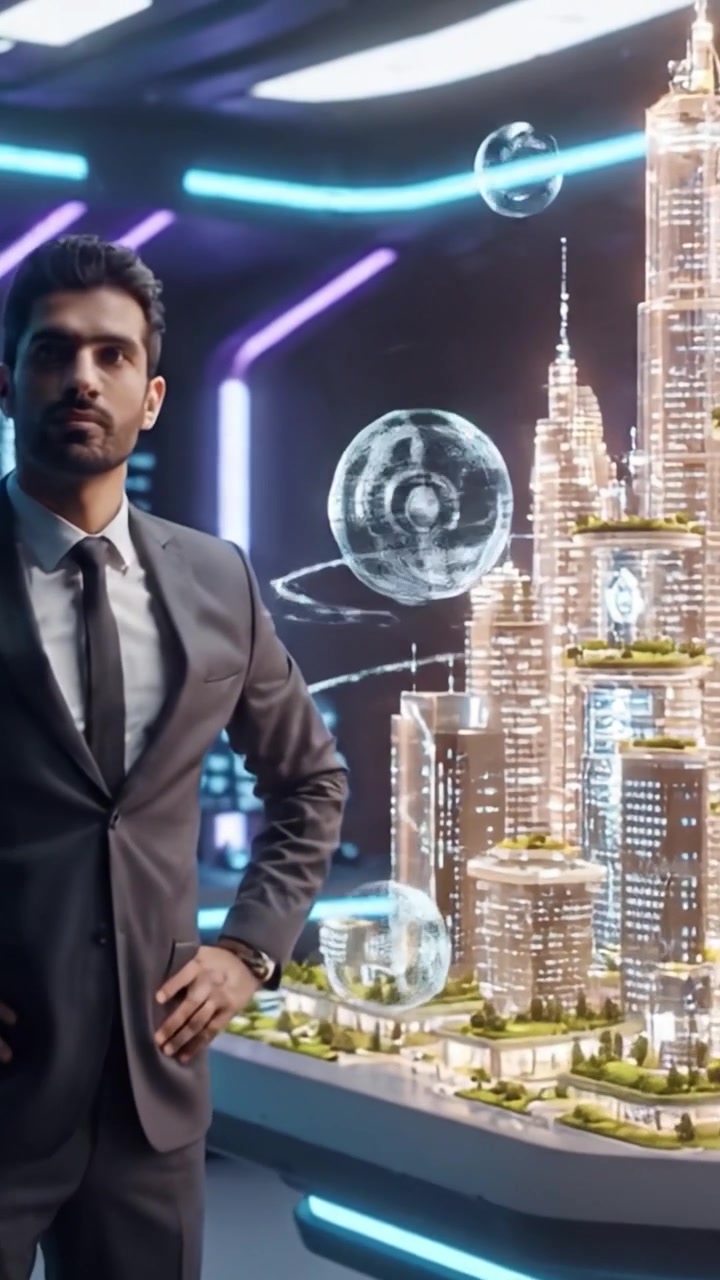 A Futuristic Vision: Man Engaging with Holographic Technology to Design Innovative Urban Landscapes with Advanced Digital Interfaces and Interactive Displays