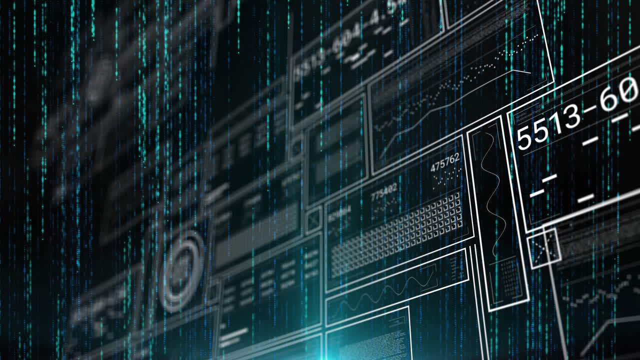 Animation of changing numbers, graphs, loading bars, circles over falling lines on black background