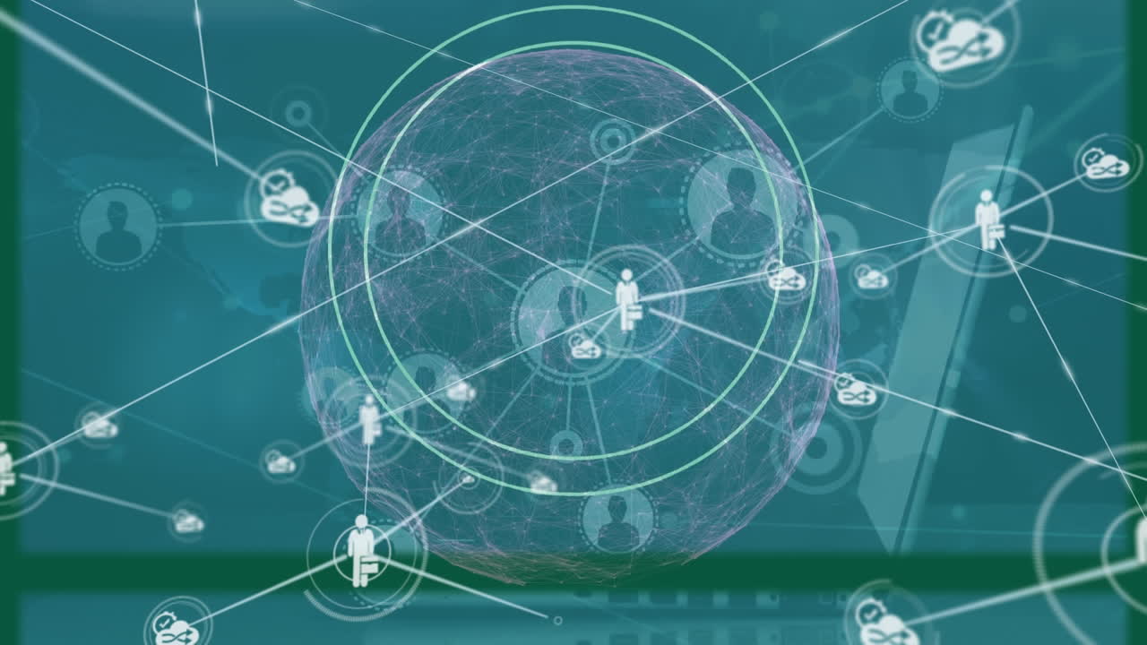 파란색 배경에 키보드에서 타이핑하는 손 위에 아이콘을 가진 연결 네트워크의 애니메이션.