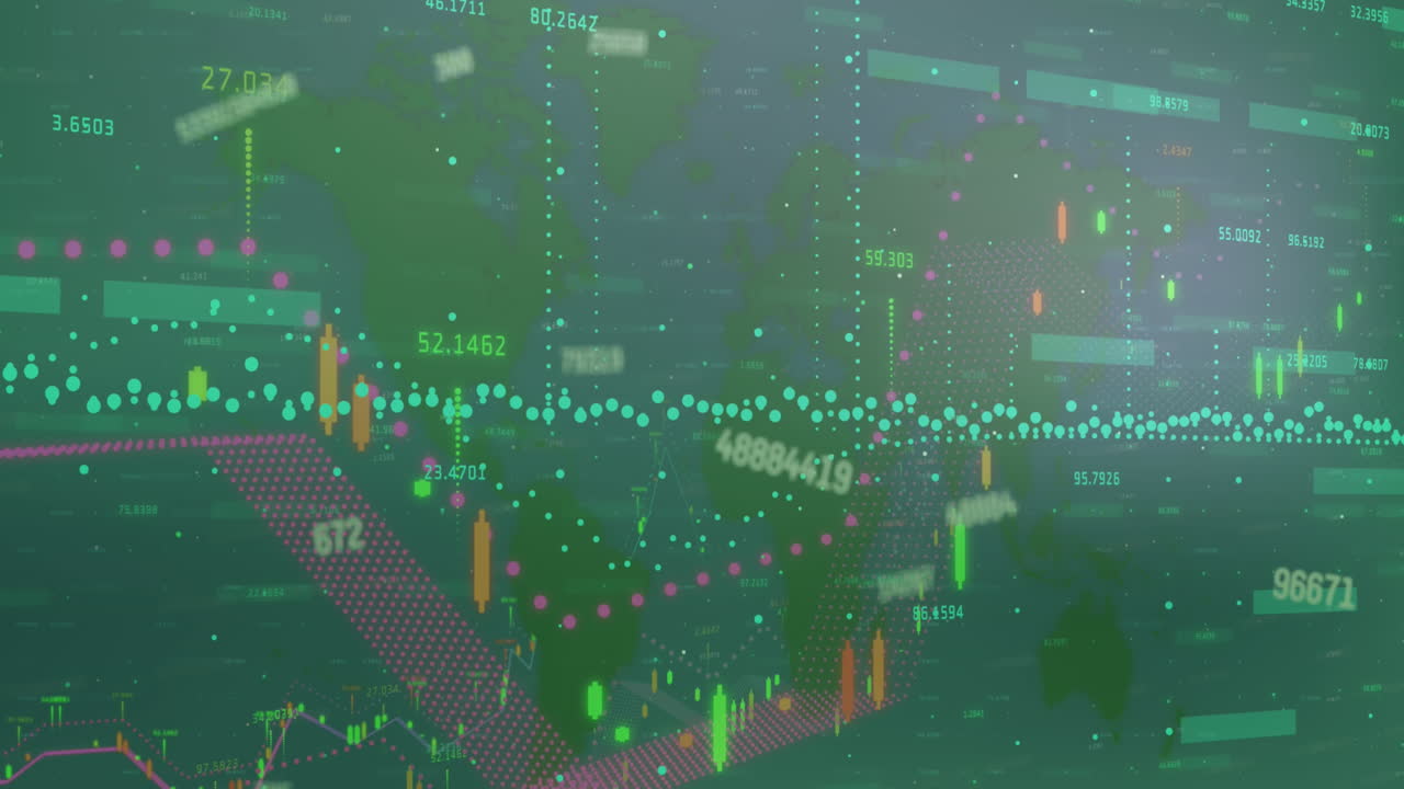 추상적인 배경 위에 여러 그래프와 지도와 함께 변하는 숫자의 애니메이션