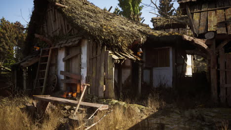 rustic wooden cottage with thatched roof surrounded by nature in daylight