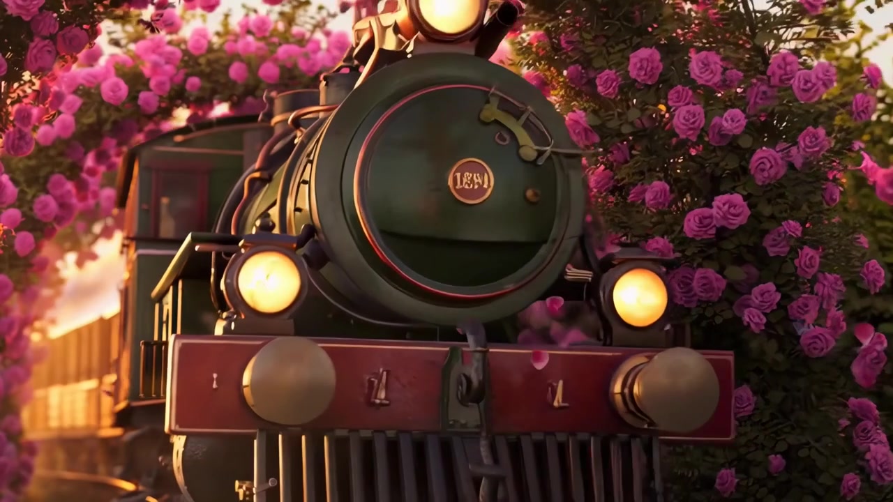 Treno d'epoca che attraversa un arco di rose magico al tramonto