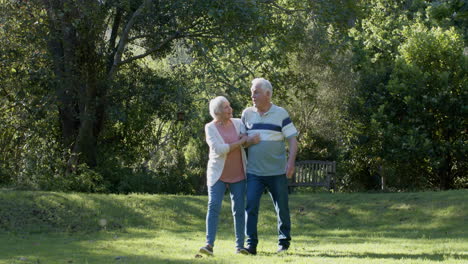 Feliz-Pareja-Caucásica-Mayor-Caminando-En-Un-Jardín-Soleado,-Cámara-Lenta