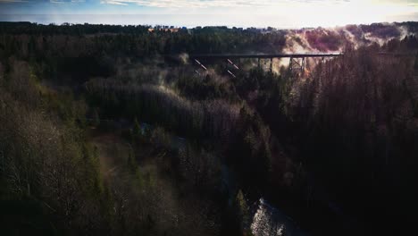 foggy morning over some trees and a river shot by drone in 4k 60fps