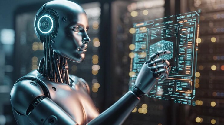 A highly advanced humanoid robot interacts with a futuristic interface displaying data and information in a high-tech server room environment.