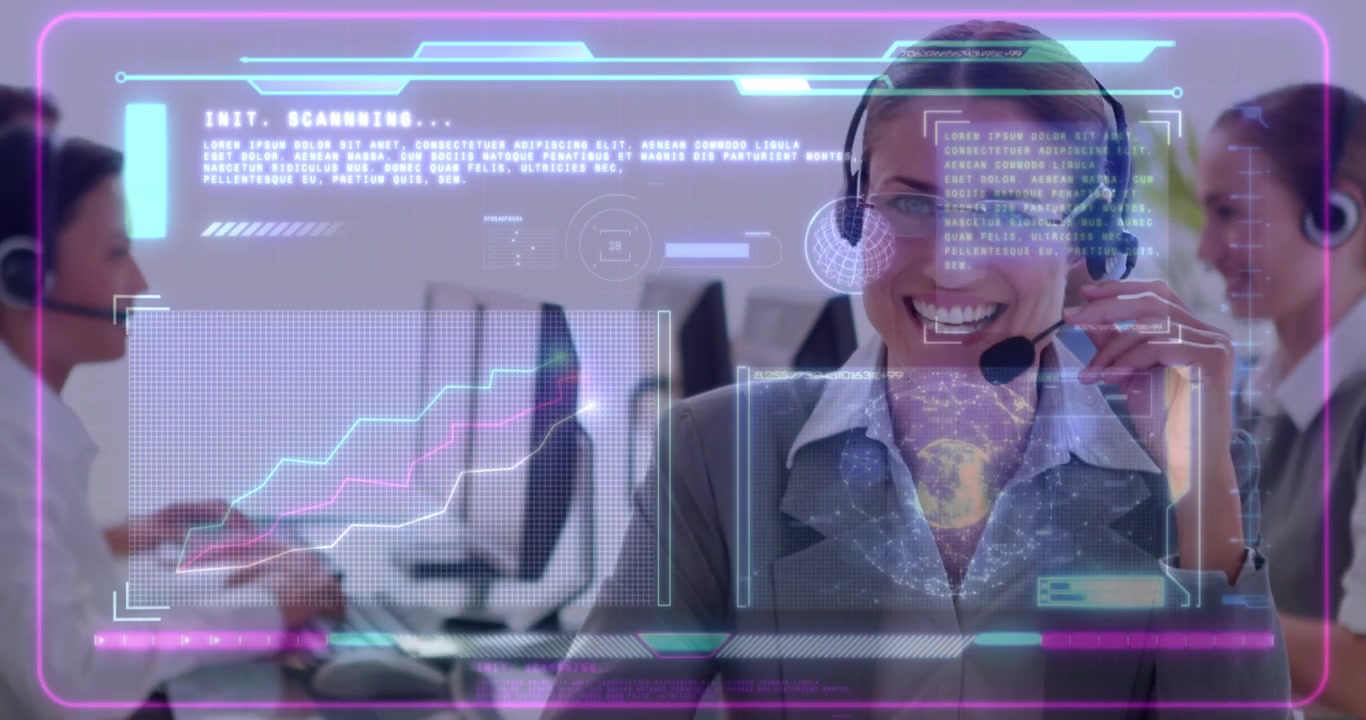 Agente donna che solleva l'auricolare, utilizza una workstation HUD che mostra un globo e grafici, supportando i clienti