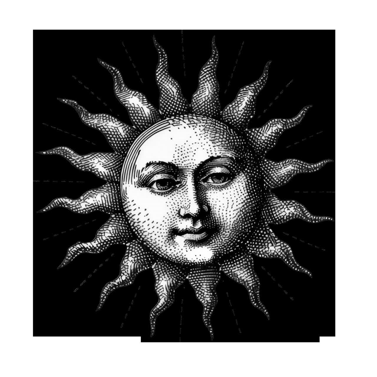 Vintage sol illustrasjon gravering animasjon isolert eiendel, transparent 4K-video, alfakanal