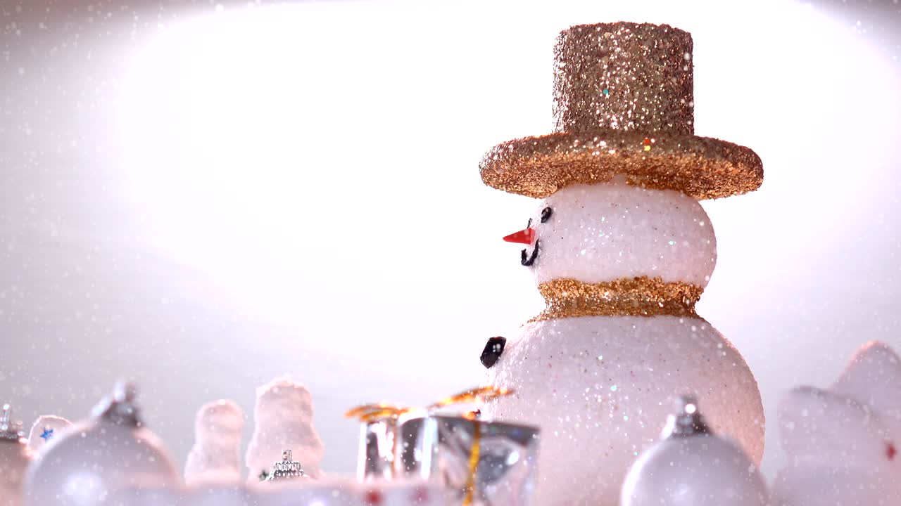 Snow man on snow for new year or christmas holiday international. , in happy time, snow falling rotation 360 degree around view in loop able.