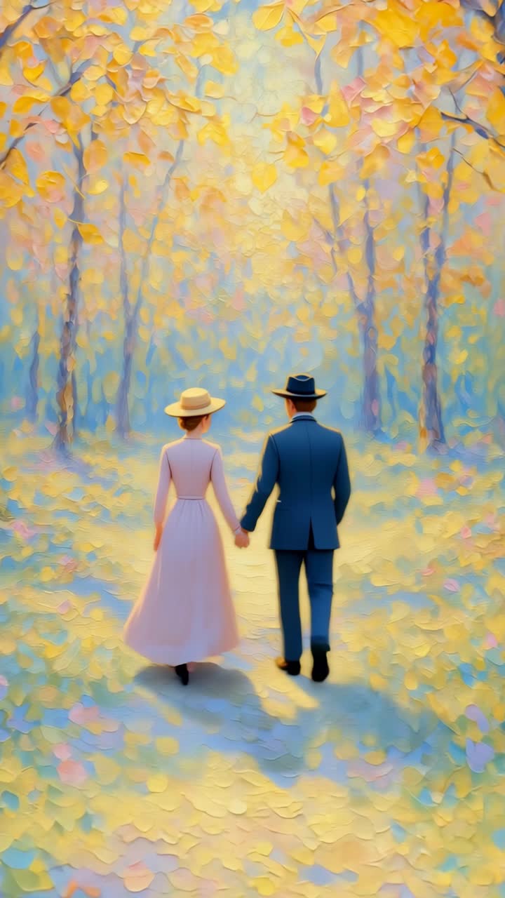 Romantic video concept with a rear camera angle capturing a couple walking hand in hand