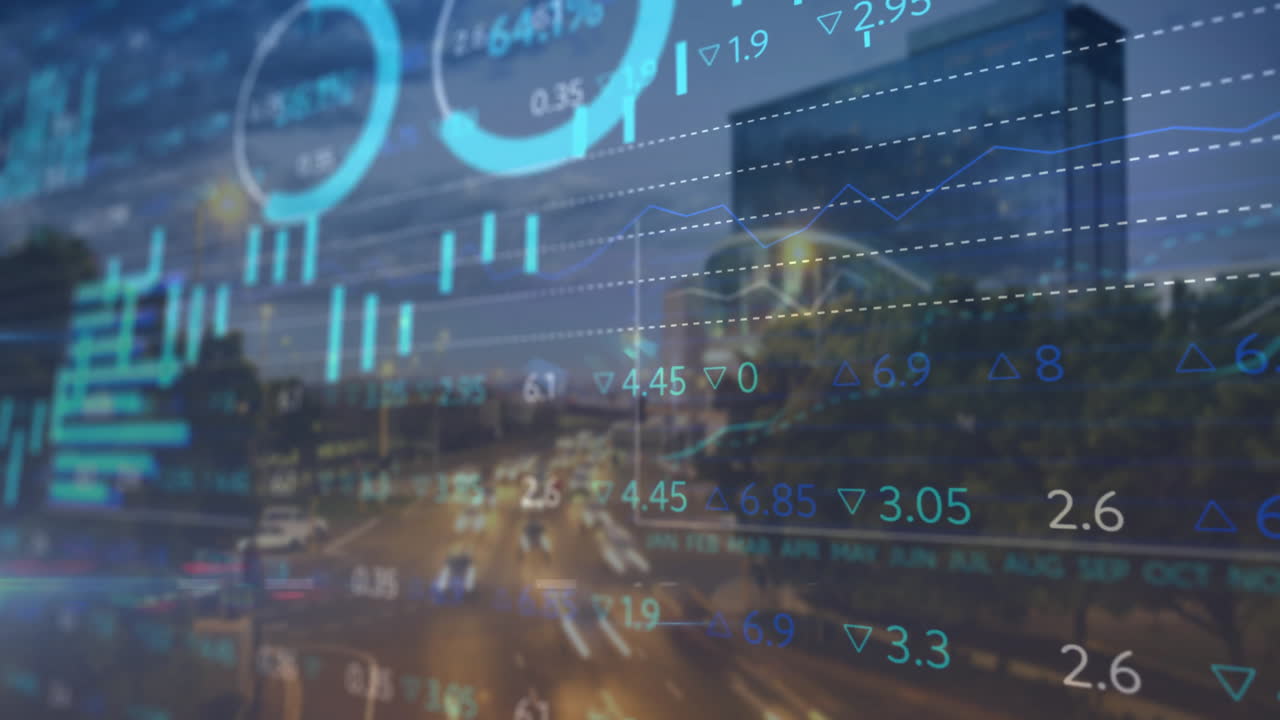 Financial data and stock market animation over busy city street at night
