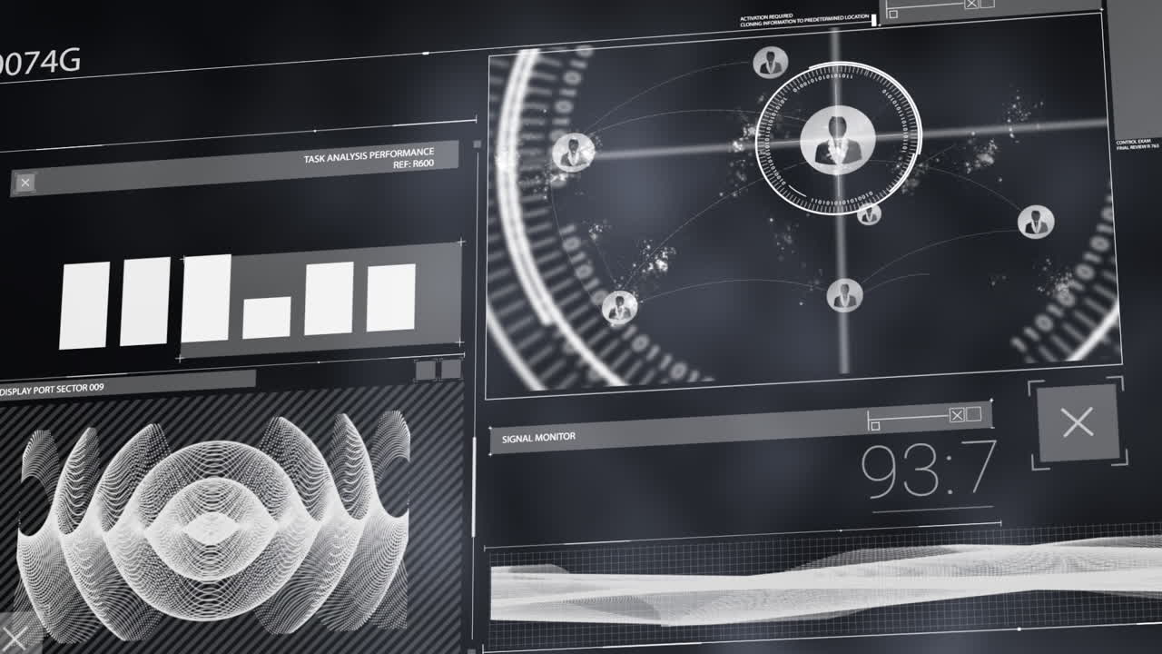 Animation of interface with data processing against textured grey background