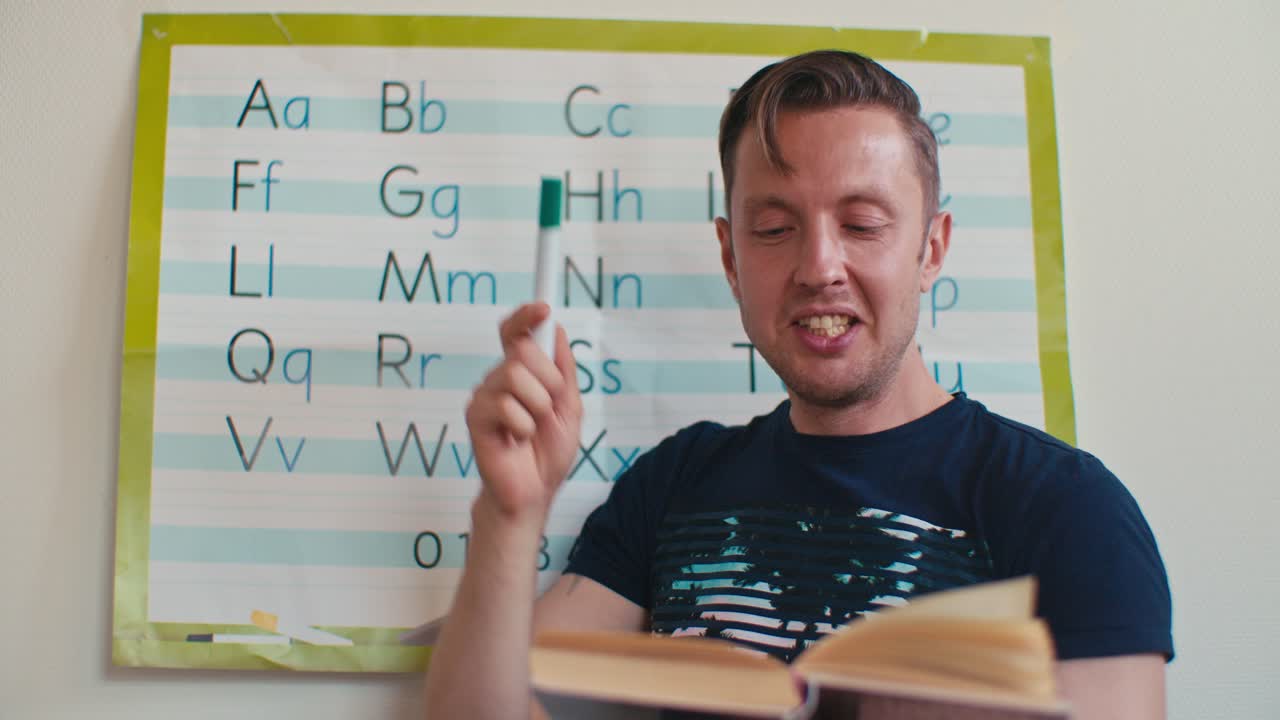 European Caucasian white male man English language teacher tutor teaches English alphabet