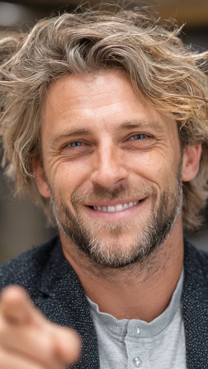 Un uomo allegro e sicuro di sé con capelli fluenti che mette in mostra il suo sorriso affascinante, emanando calore e accessibilità in un ambiente rilassato, con particolare attenzione alla sua personalità radiosa