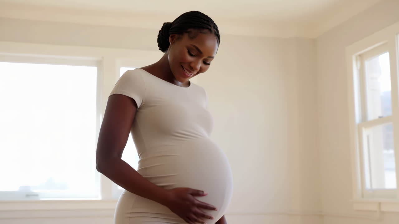 Joyeuse femme noire enceinte touchant doucement son ventre