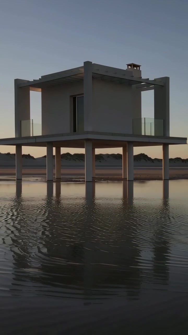 Video verticale: movimento della fotocamera che rivela un padiglione cubico su palafitte al crepuscolo, mostrando i riflessi del vetro