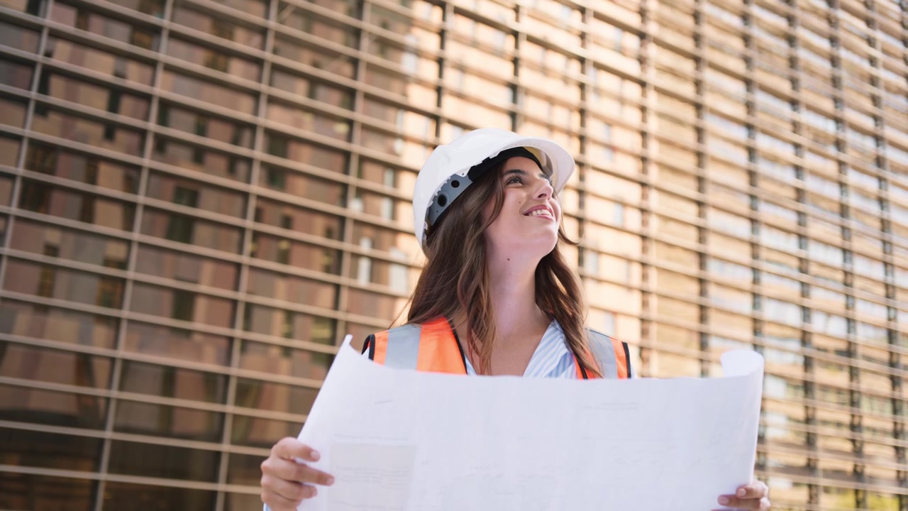 Arquitecta revisando los planos en el sitio de construcción