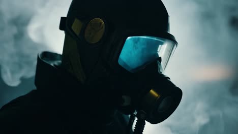 fireman wearing a professional gas mask poses amidst swirling smoke, showcasing protective gear for emergency situations