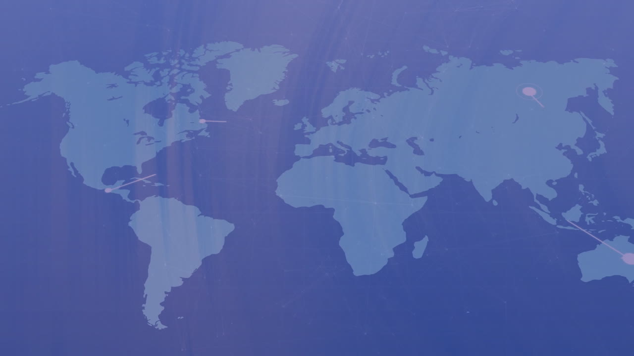 Animation of world map with highlighted points, connecting lines on blue background