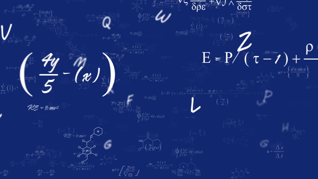 animación de los alfabetos ingleses, estructuras químicas y flotando contra un fondo azul