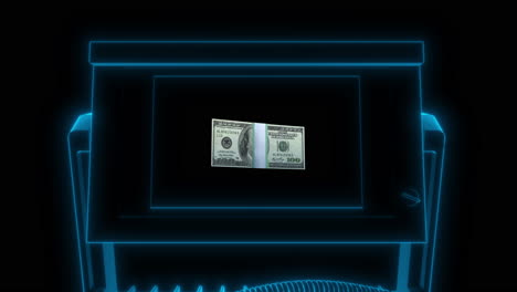 holographic computer revealing 100 dollar bill spinning