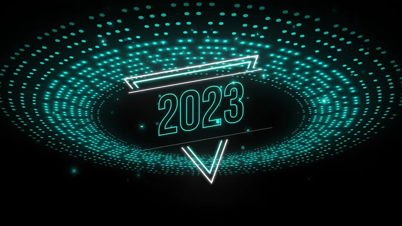 Animation of 2023 text over flashing blue light pattern