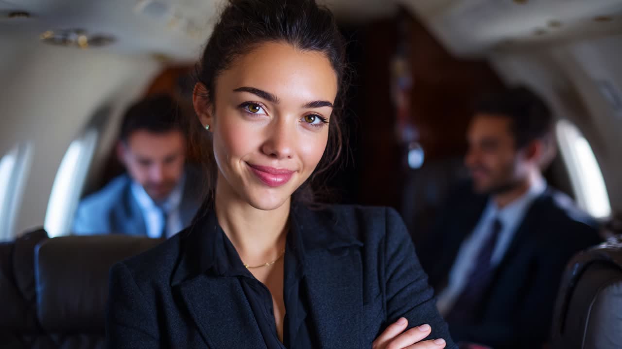 Confident Professional Woman on a Private Jet Exuding Success and Sophistication, Surrounded by Colleagues in a Luxurious Business Environment, Captured in Two Distinct Frames of a Dynamic Setting