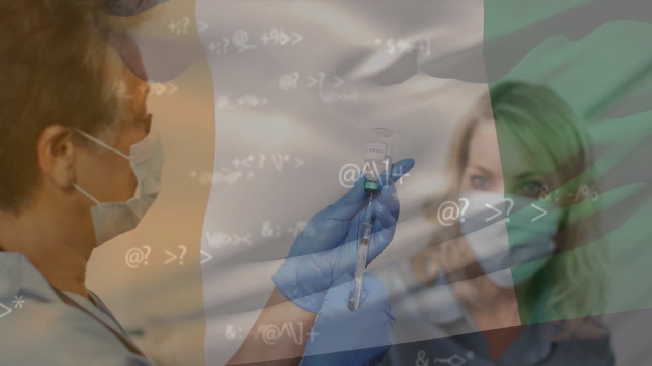 Animation of flag of ireland and numbers processing over caucasian male doctor vaccinating woman