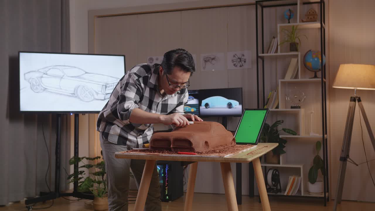 hombre asiático diseñador de automóviles con tableta de pantalla verde usando rastrillo o alambre para suavizar la superficie y crear detalles en la escultura de arcilla de automóvil en el estudio