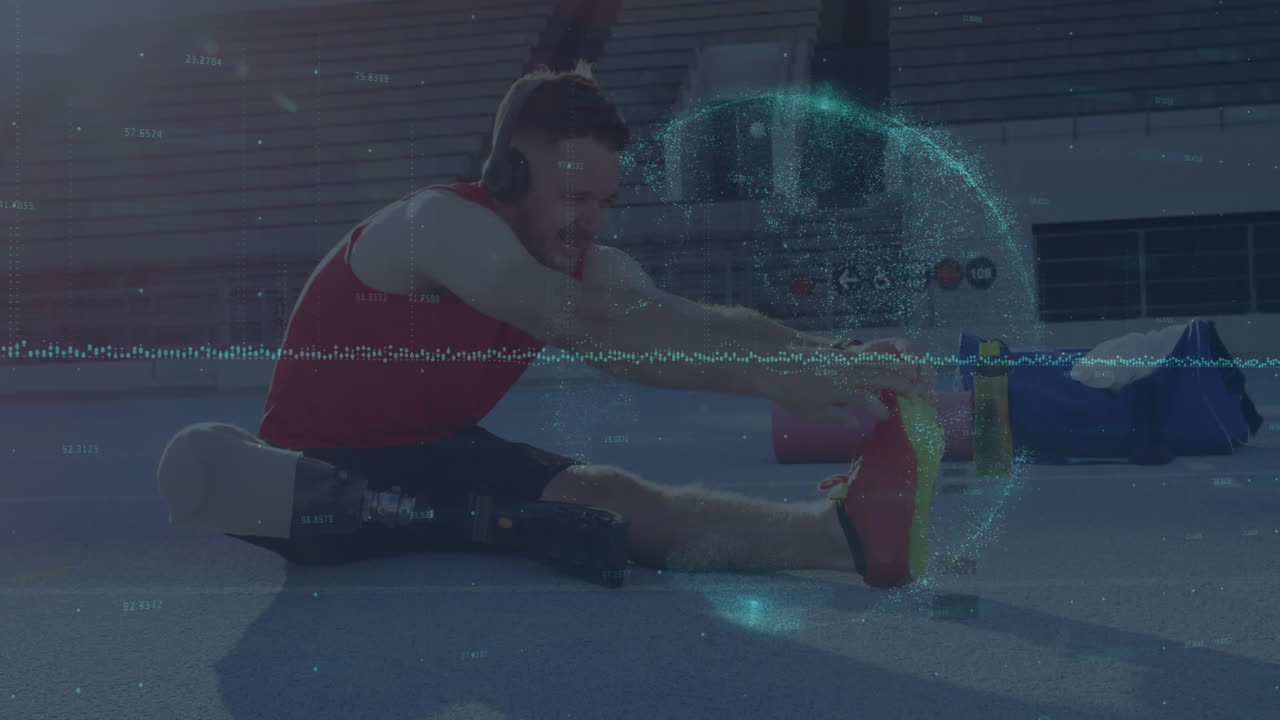 Male athlete stretching hamstring with prosthetic while showing animated sports tech data waveforms