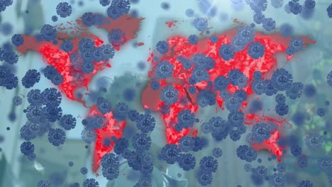 animation of covid 19 cells over world map and woman in face mask