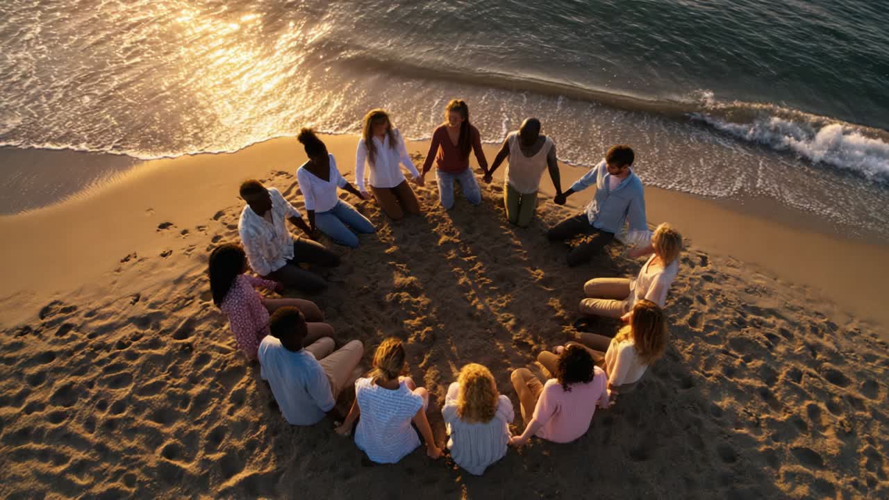 Group of People Holding Hands in a Circle on the Beach at Sunset