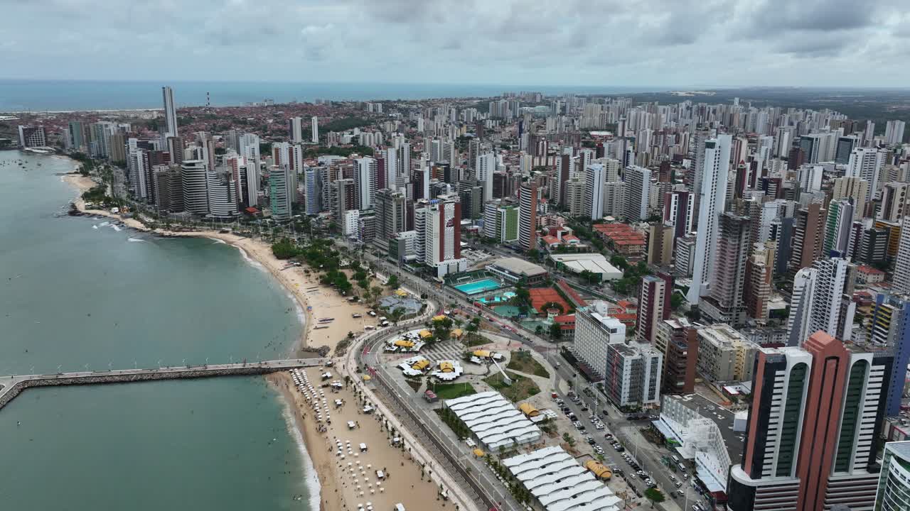 High Angle Aerial Pullback of Fortaleza City at the Atlantic Ocean