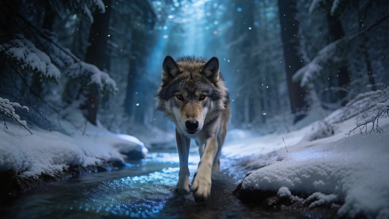 Placing front paw into stream, lone wolf crossing stream toward camera through snowy forest