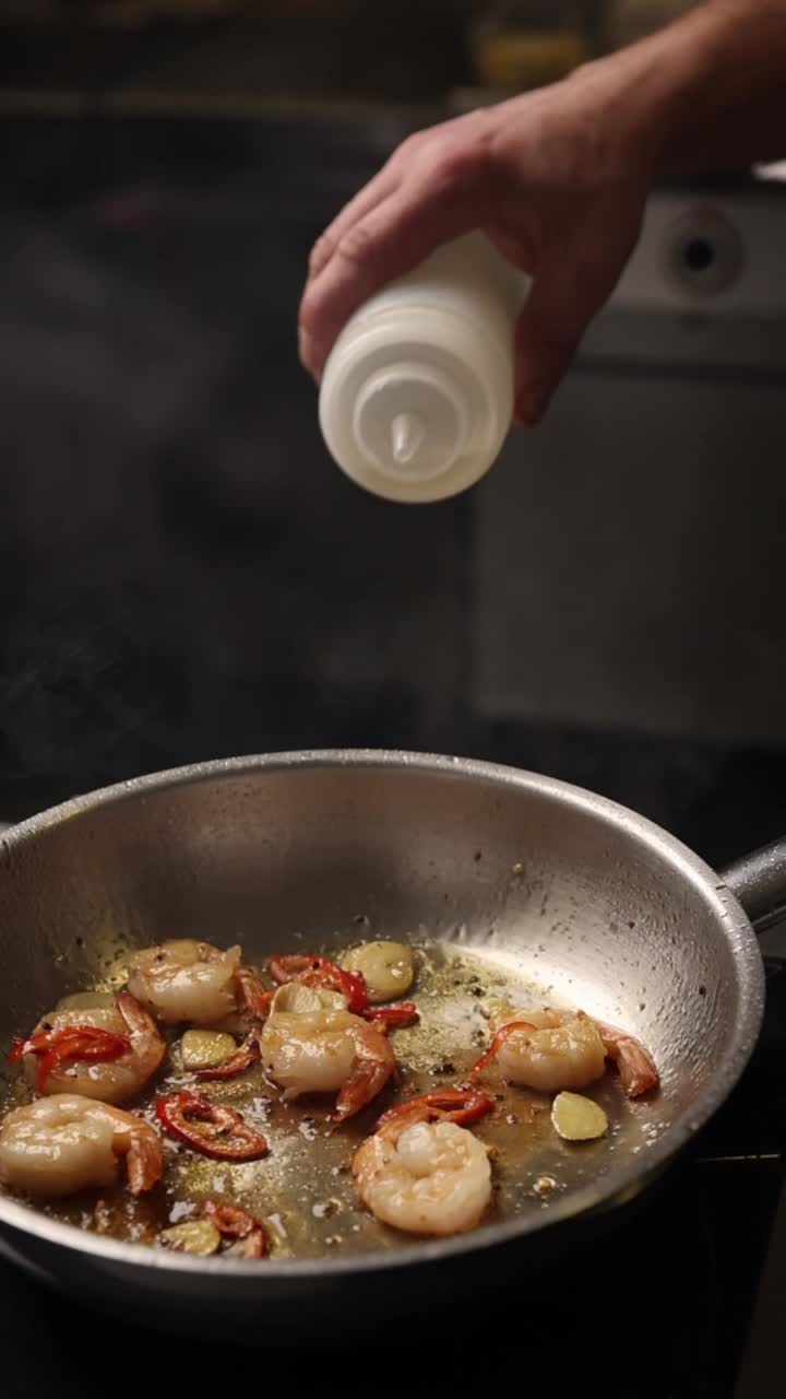 Chef versa del liquido in una padella con gamberetti e verdure saltati