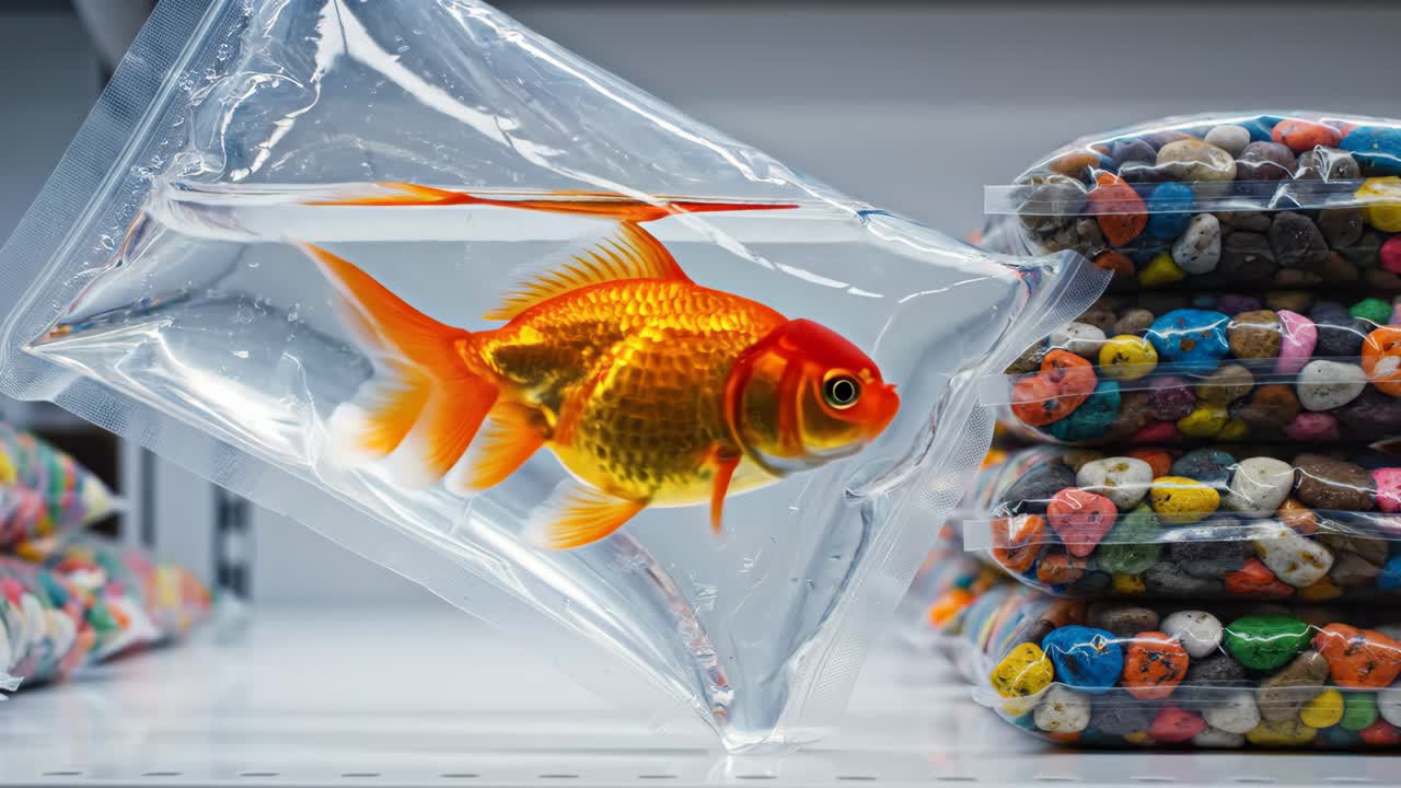 Goldfish in a Bag and Colorful Aquarium Stones