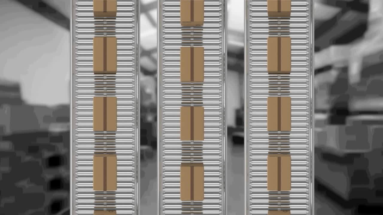 animación de cajas de cartón que se mueven en cintas transportadoras sobre el almacén