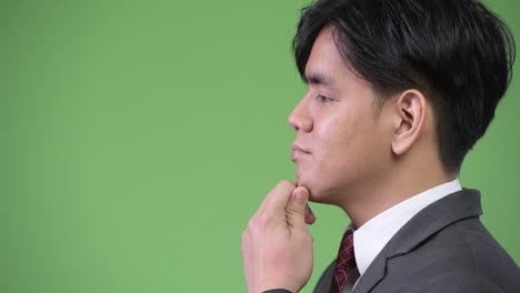 young handsome asian businessman against green background