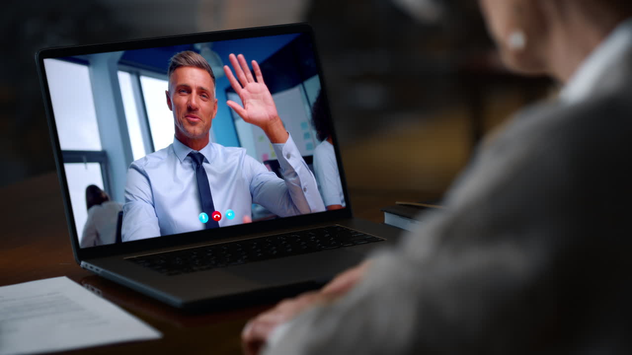 Businesswoman talking laptop meeting in evening cafe closeup. Woman video call