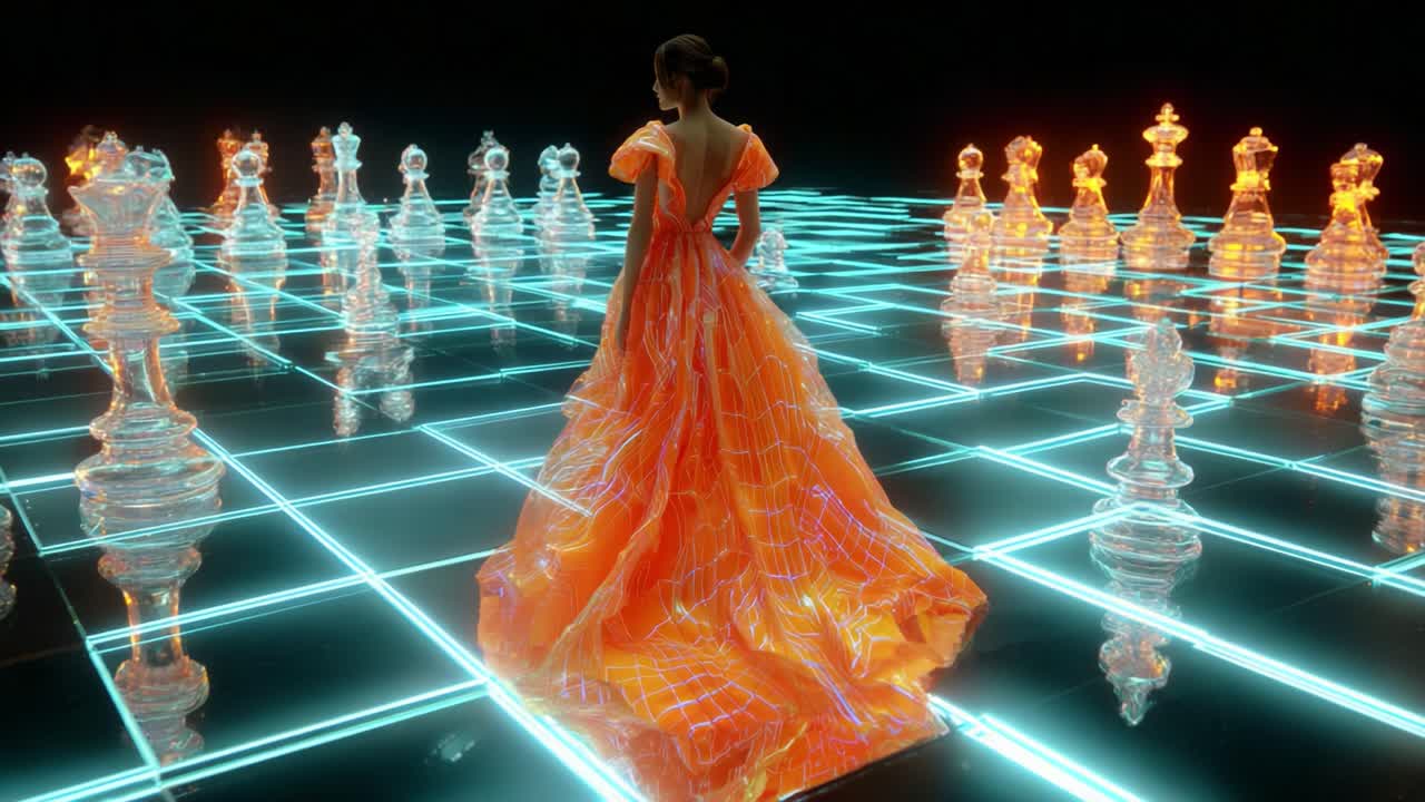 A Stunning Spectacle Where Elegance Meets Strategy: A Model in an Orange Gown Stands Amidst a Luminous Chessboard Filled with Transparent Chess Pieces Symbolizing the Clash of Art and Competition