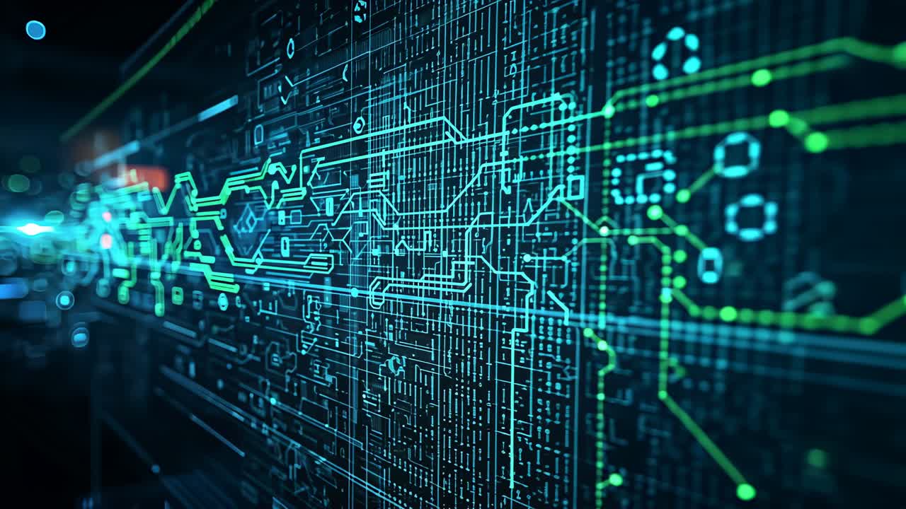 At start camera panning across circuit panel, revealing pulsing neon traces and hexagonal nodes
