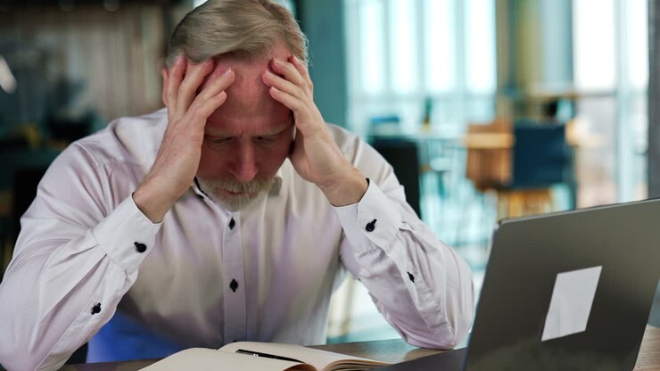 Troubled senior man sits at desk holding by the head. Tired overworking businessman in office. Blurred backdrop.