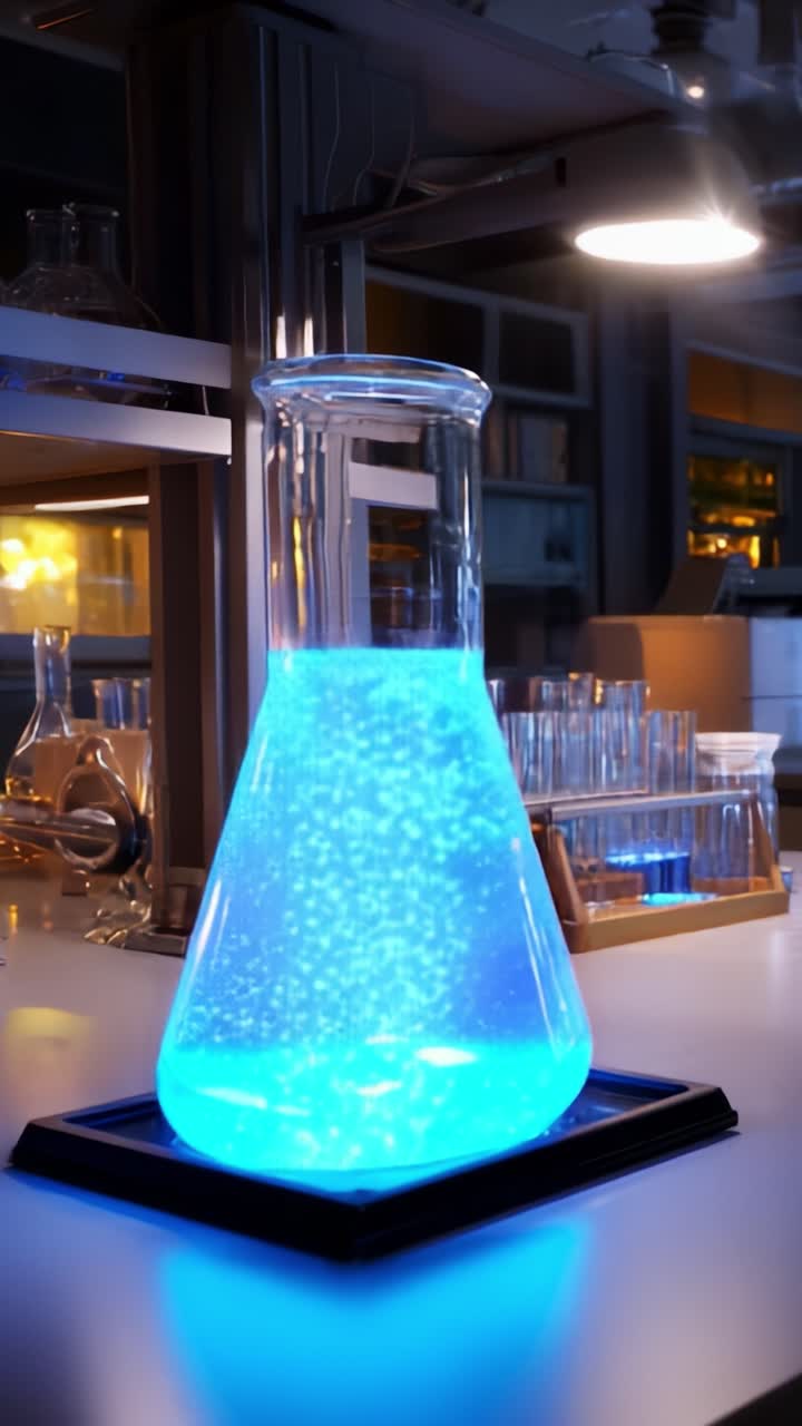Fiasca di laboratorio illuminata: primo piano di una reazione chimica blu brillante in un ambiente di laboratorio moderno, che cattura l'essenza dell'esplorazione scientifica