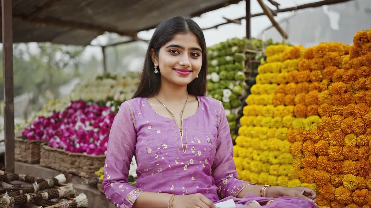 Smiling young woman wearing traditional purple dress selling colorful flowers at a local market, representing small businesses, entrepreneurship, and cultural heritage