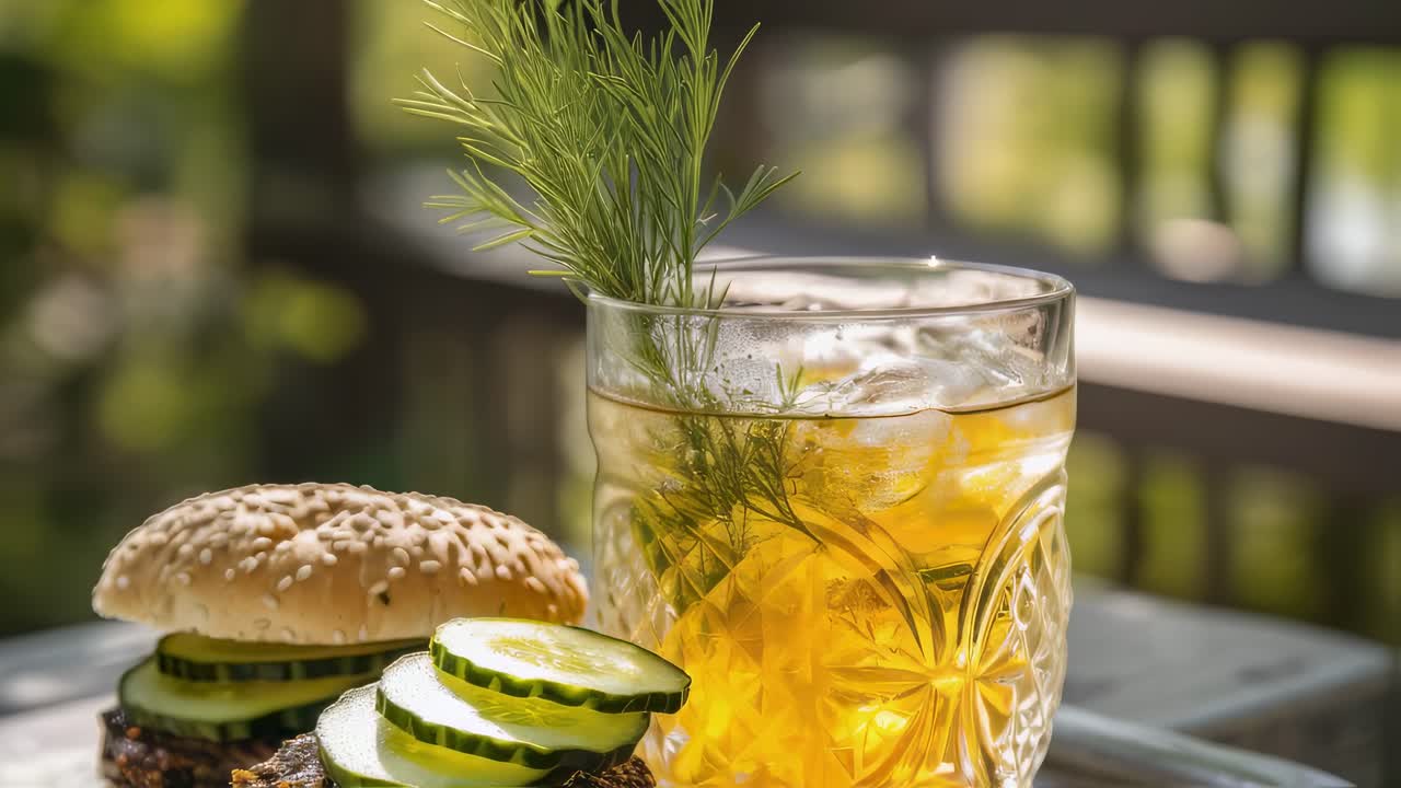 Outdoor Lunch with Burger and Cocktail