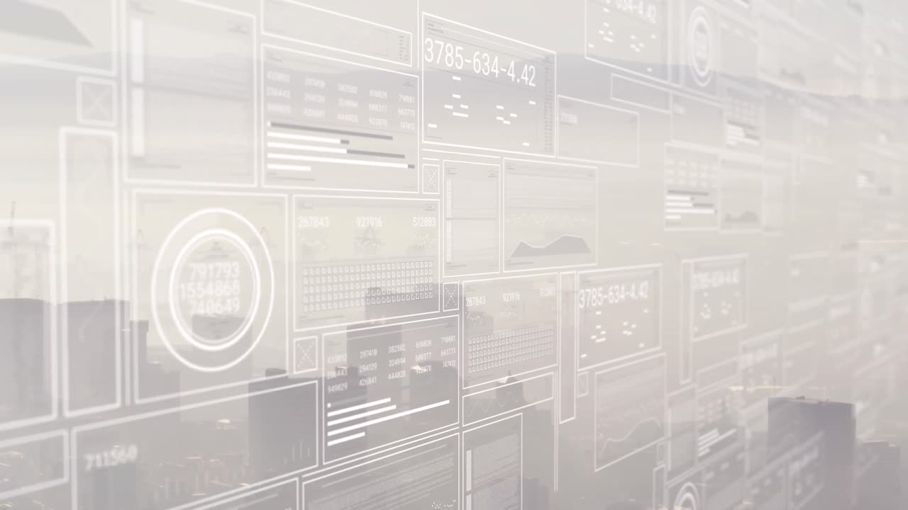 Animation of financial data processing over cityscape